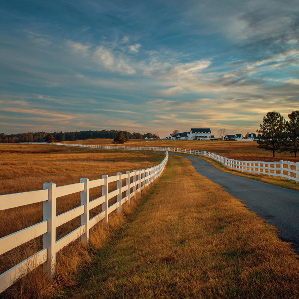 White fence line along a pastoral Carolina road
