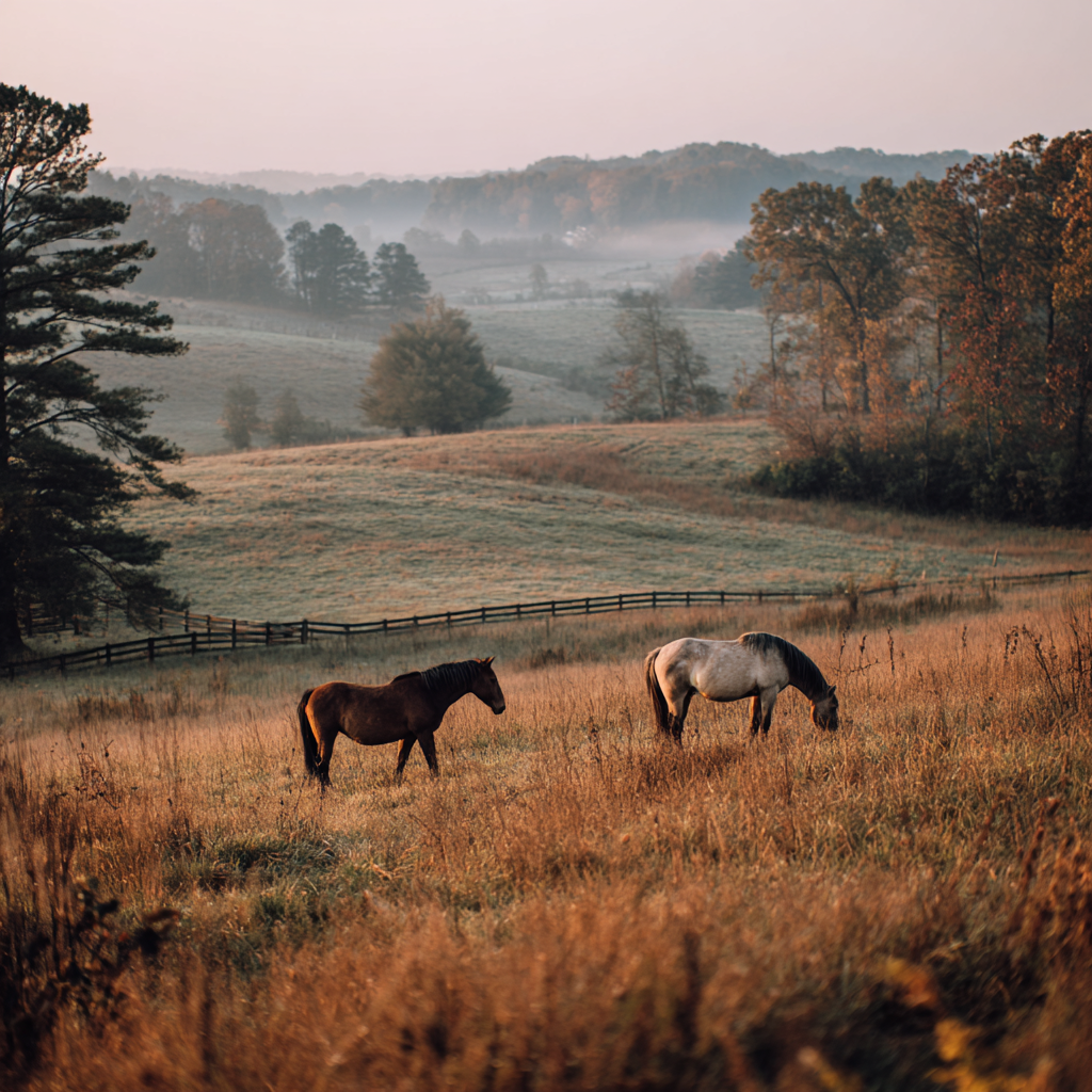 Rolling green pastures with horses in early morning