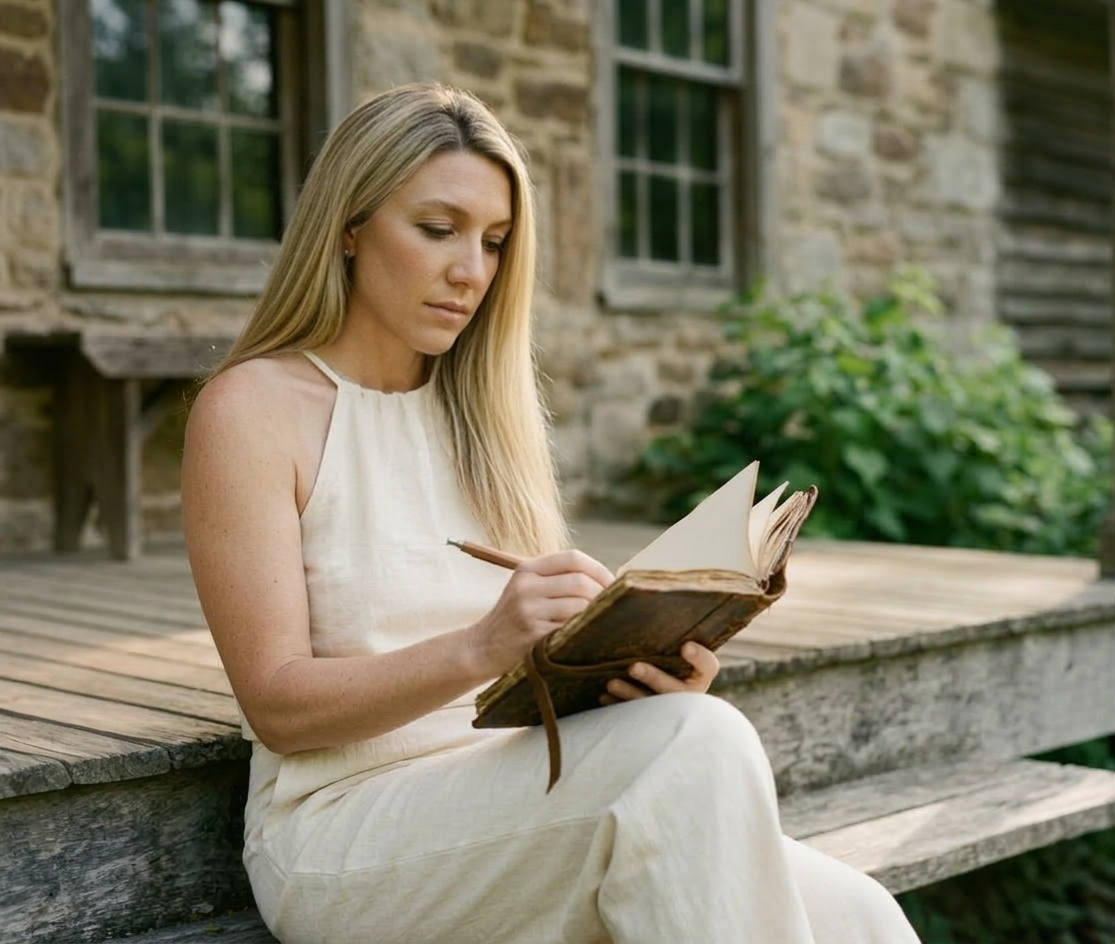 Heather Brady writing in a journal outside a historic stone building